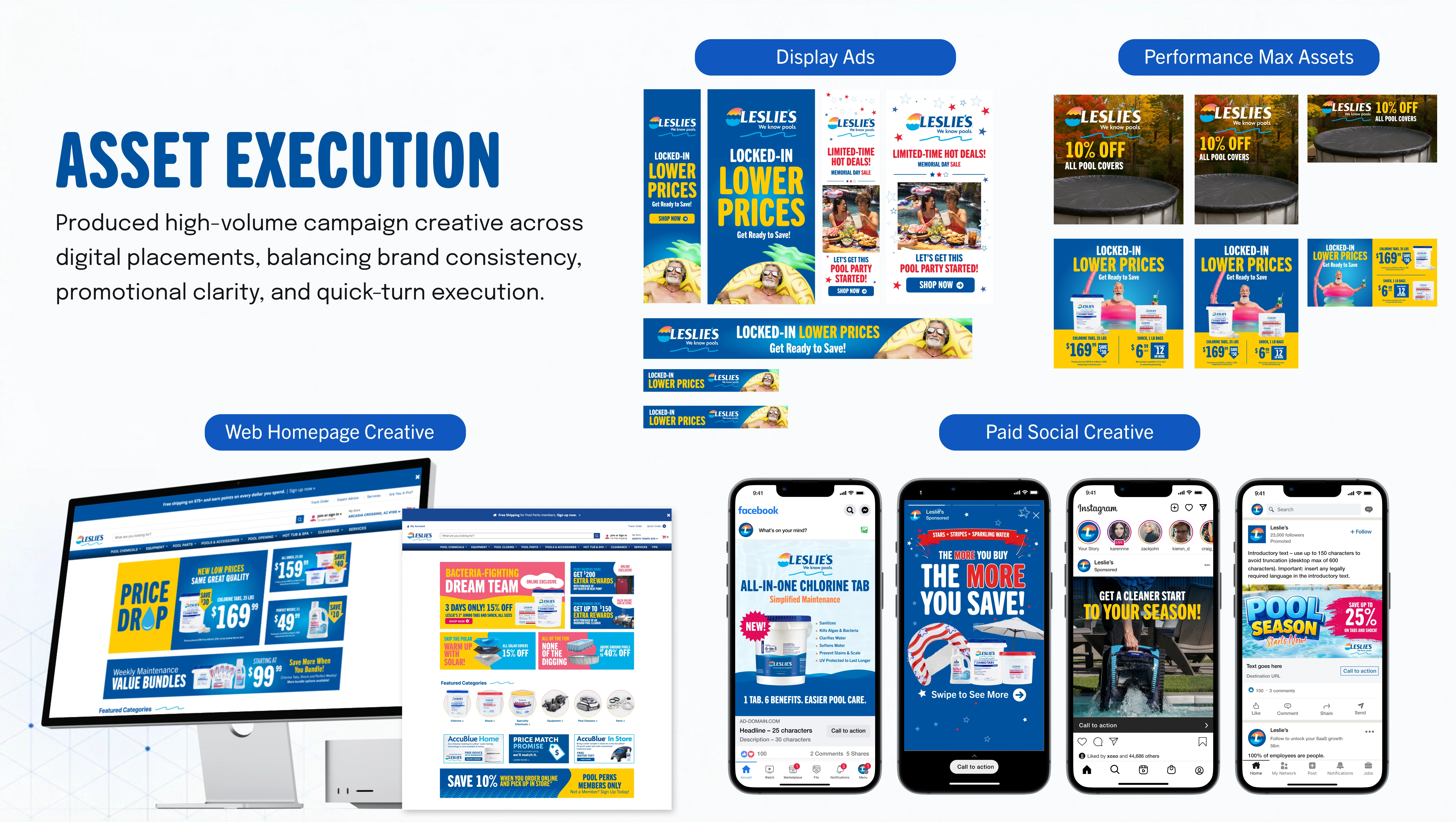 Seasonal campaign production examples across display ads, Performance Max, web homepage modules and paid social