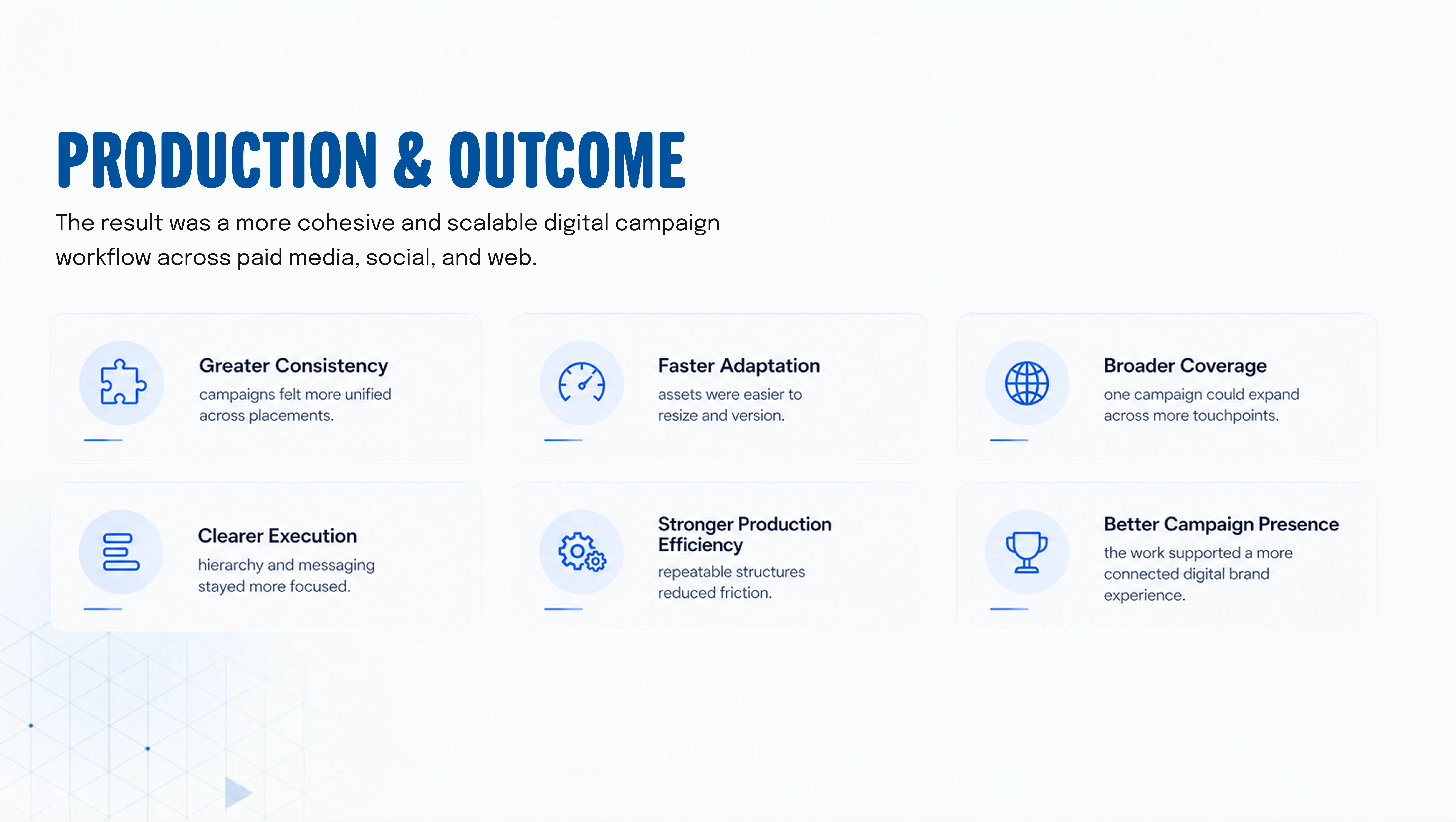 Production outcome summary highlighting consistency, adaptation, channel coverage, message hierarchy and repeatable workflows