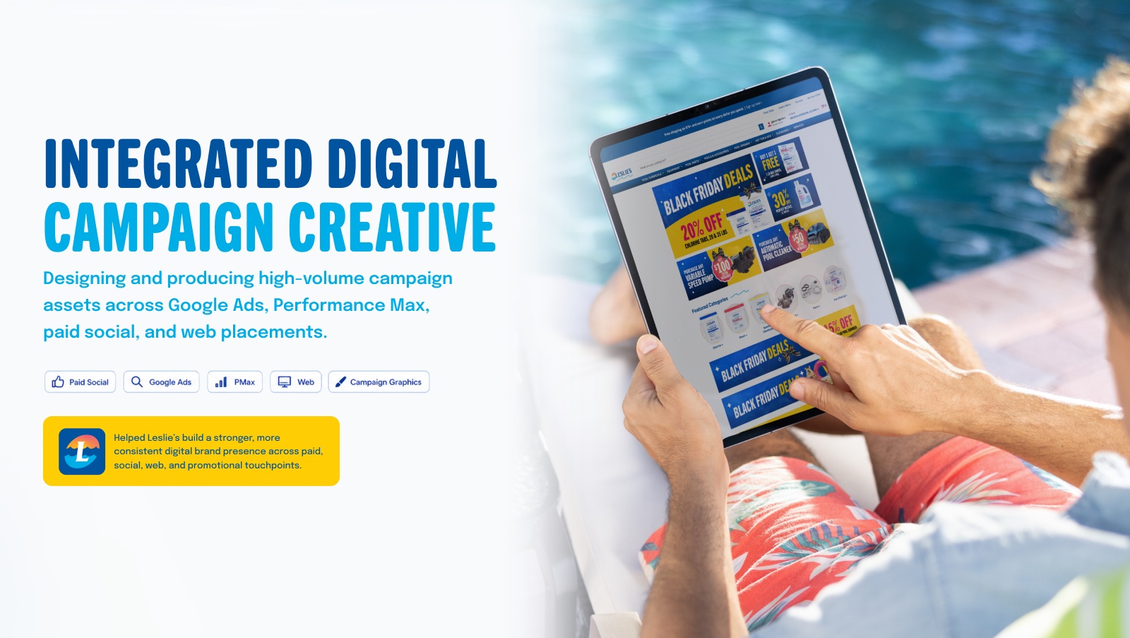 Integrated digital campaign creative shown on an iPad beside a pool