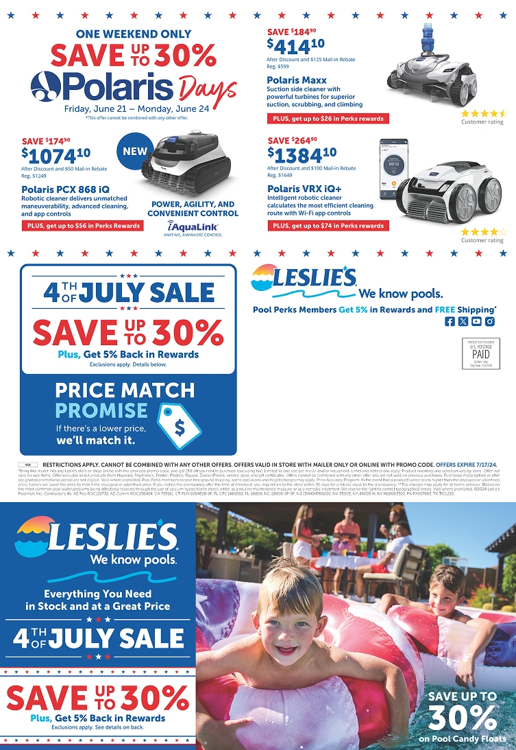 2024 Fourth of July mailer, outside: seasonal cover, Polaris cleaner offers and mailing panel