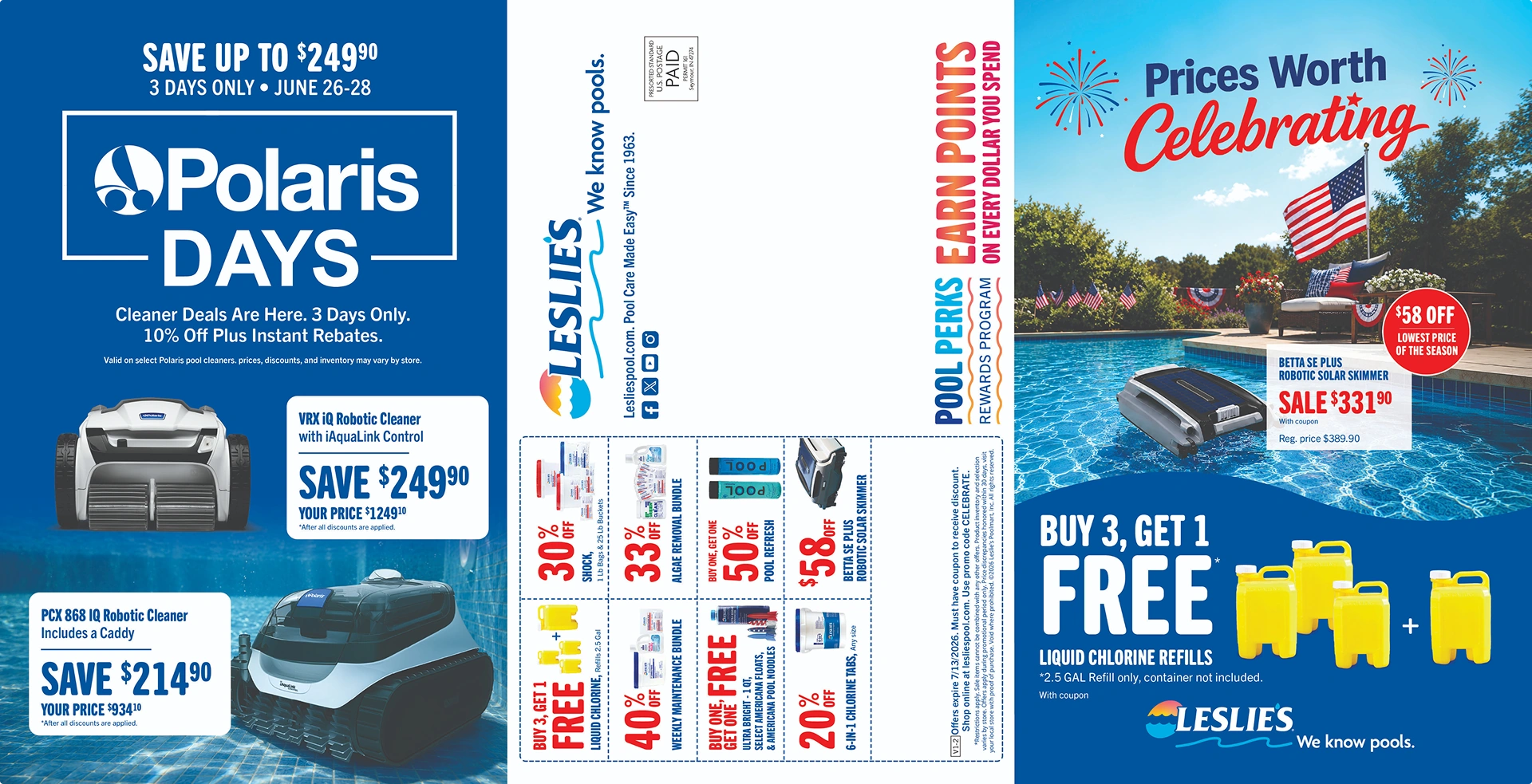 Fourth of July trifold outside spread with seasonal cover, Polaris offers, coupons and mailing panel