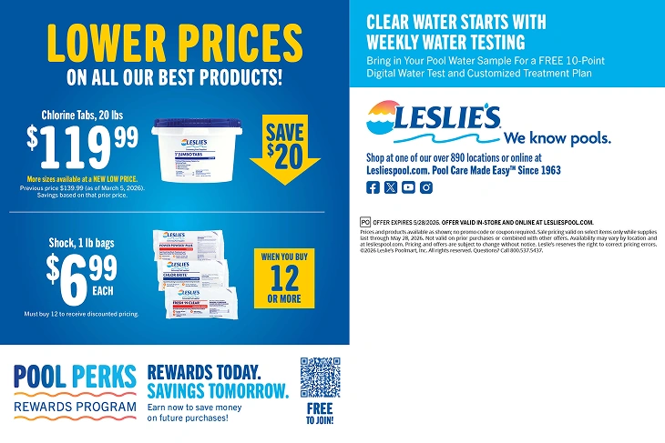 Pool-opening postcard reverse with maintenance product prices, rewards, water-testing guidance and mailing space