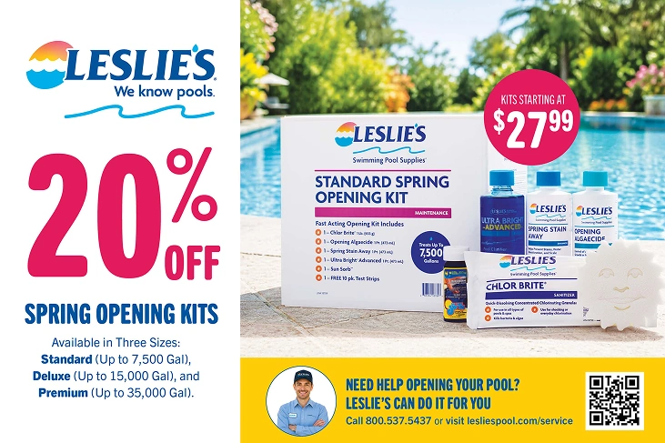 Pool-opening postcard promoting spring opening kits with a poolside product photo and service call to action