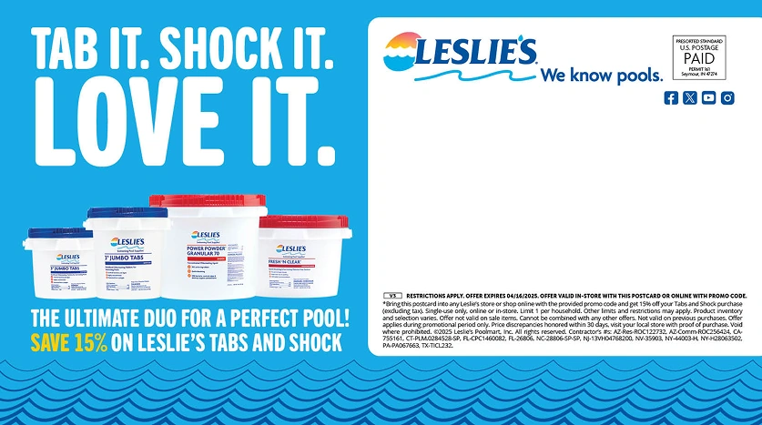 Pre-season pool-care postcard reverse with tabs and shock products and a mailing panel