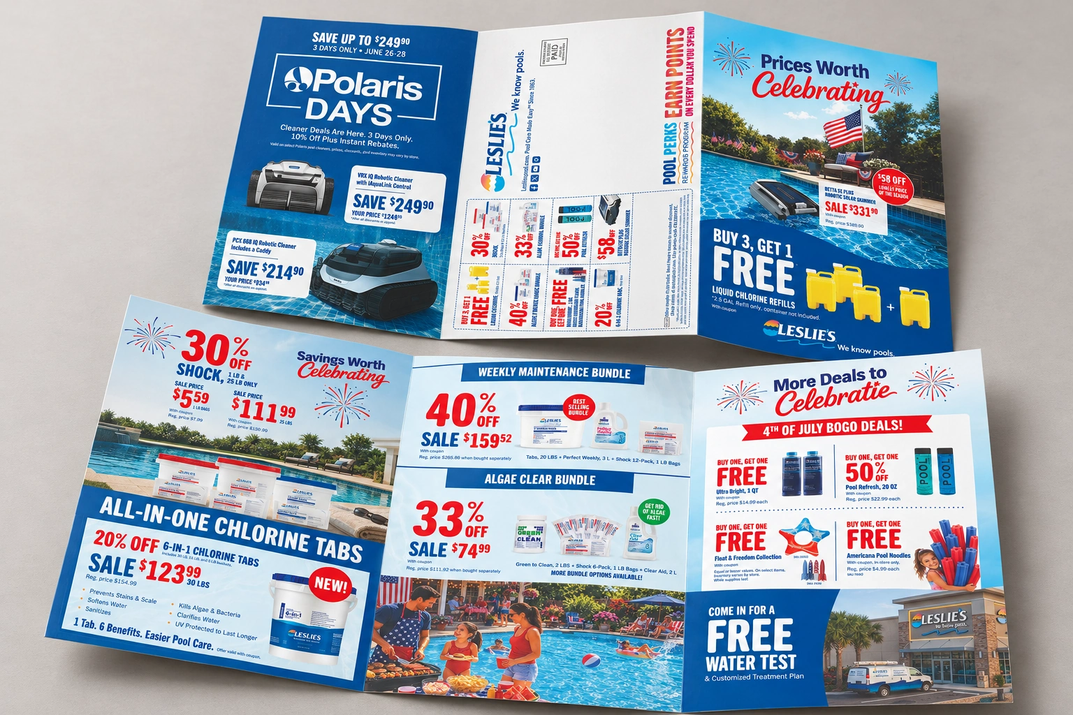 Two folded Leslie’s trifold brochures showing the outside and inside artwork on a tabletop