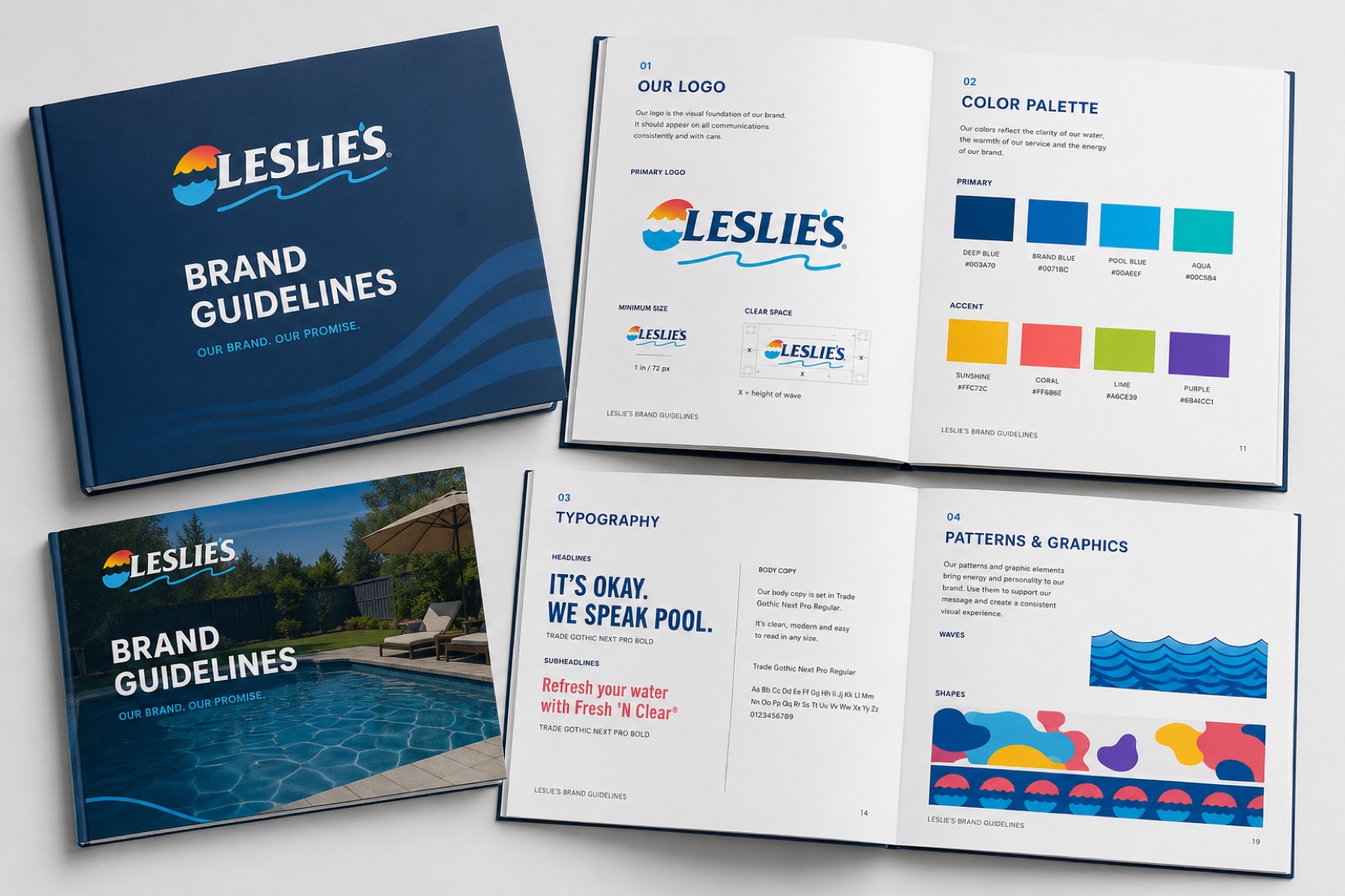 Leslie’s brand guidelines shown across printed books