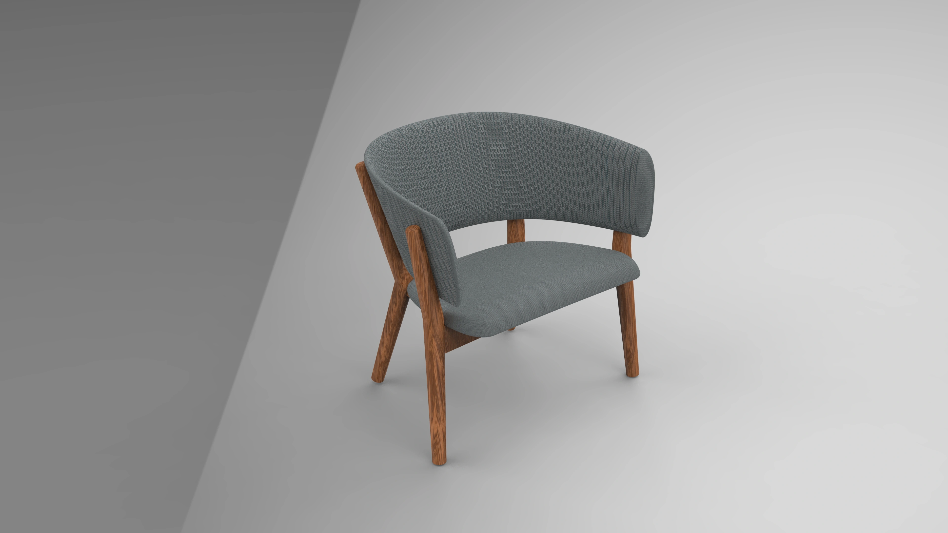 Upholstered chair render with a curved gray backrest and wooden legs