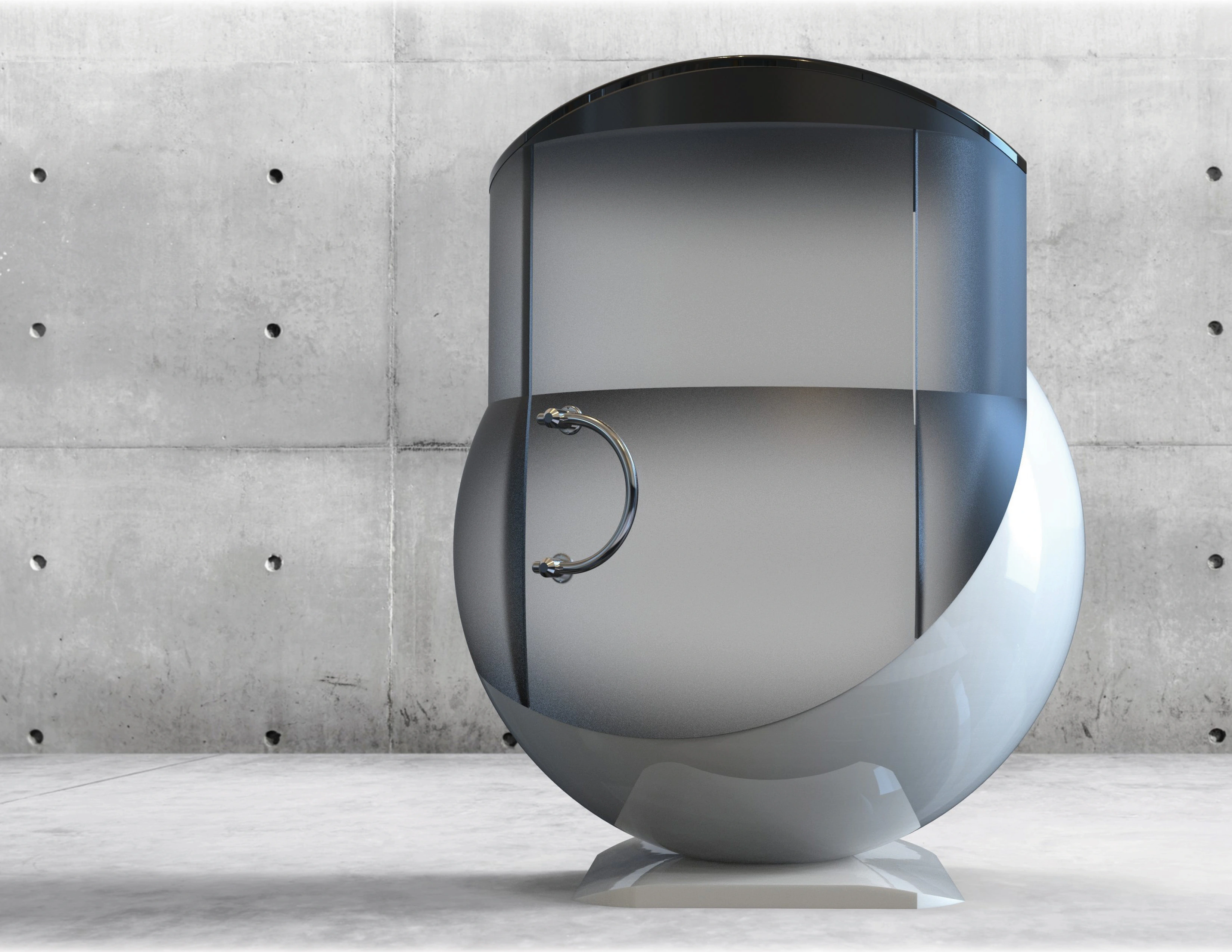 Futuristic bath pod concept with a rounded enclosure and curved glass door in a concrete setting