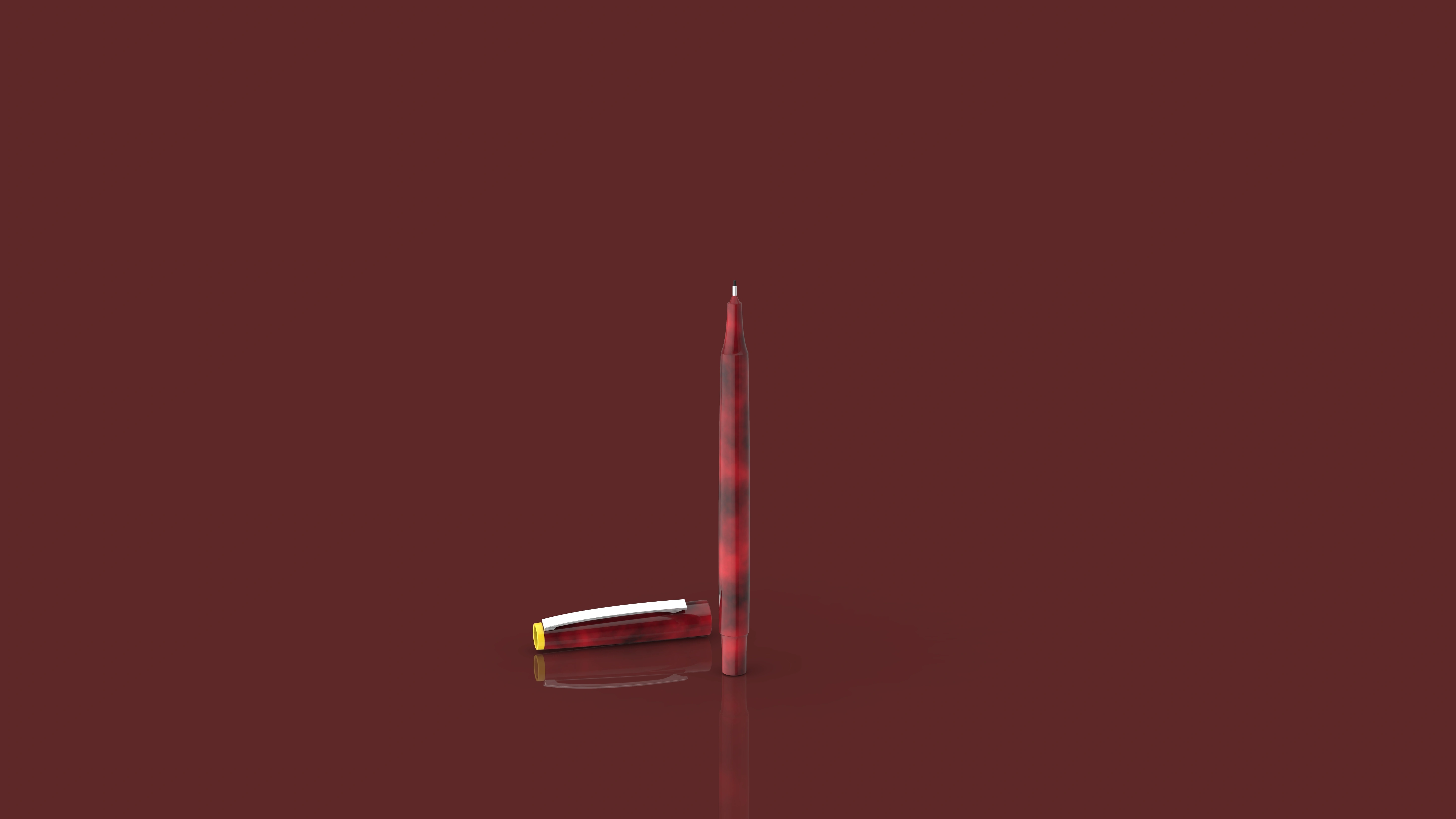 Translucent red pen and cap rendered against a dark red background