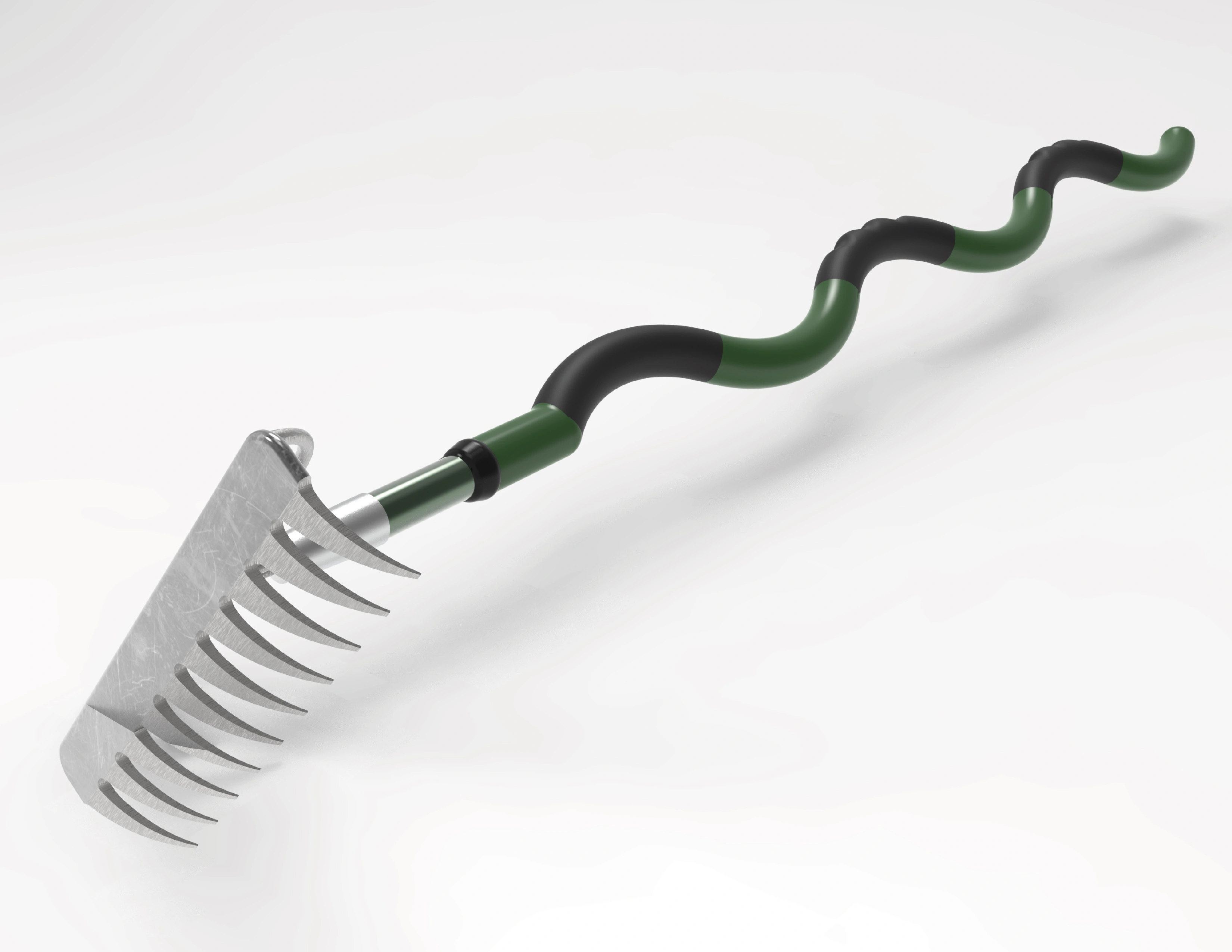 Garden rake rendering with a curved green handle and dark grip sections