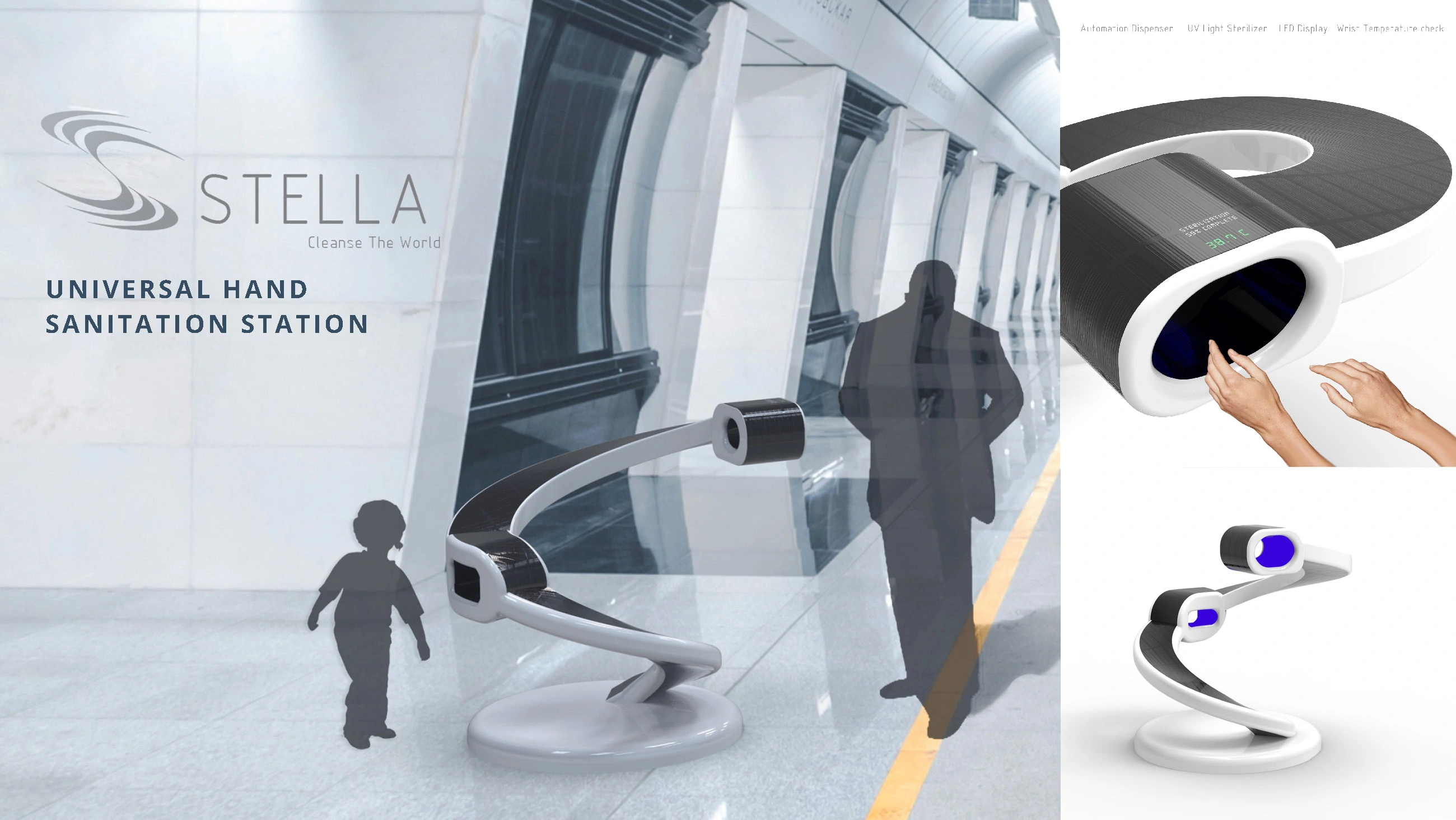 Stella sanitation station concept shown at adult and child heights with interaction details