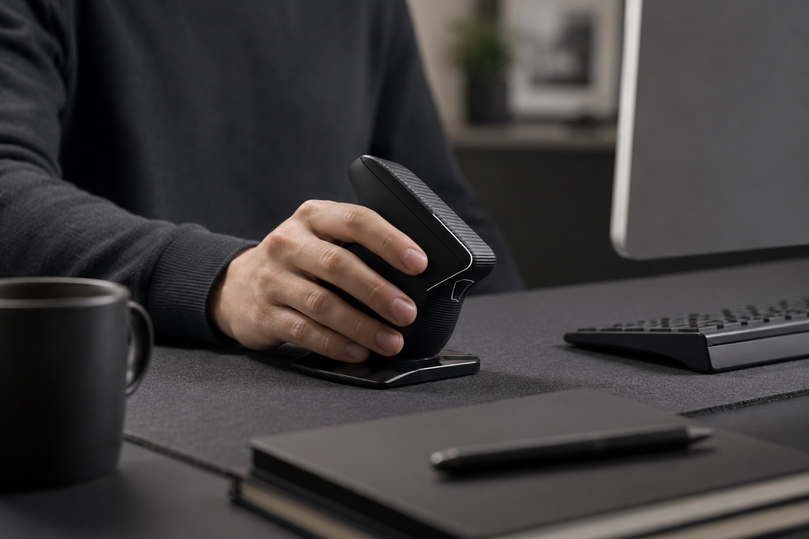 Ergonomic mouse in use at a desk