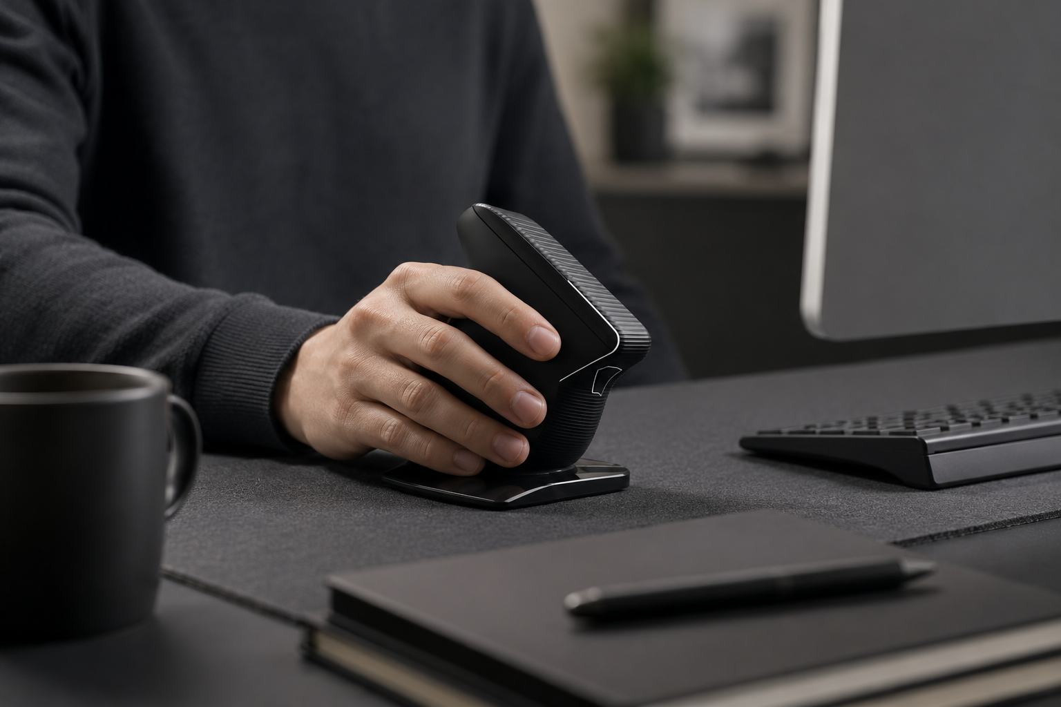 Ergonomic mouse in use at a desk