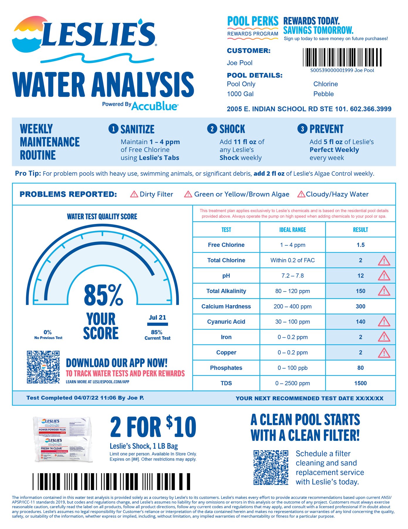 Water Analysis report, page 1: water analysis and quality score